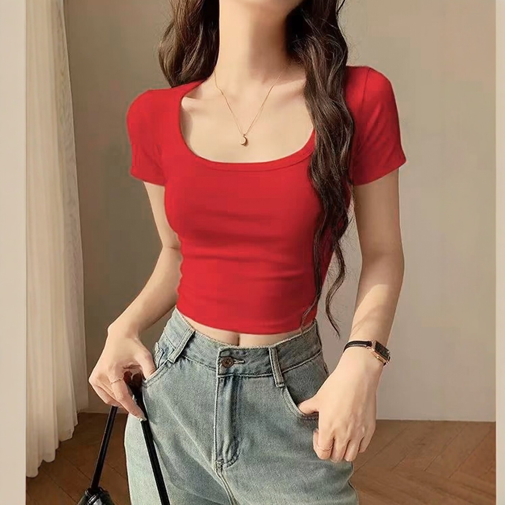 红色垫肩t恤女短款高腰修身打底衫夏季外穿正肩方领紧身辣妹上衣
