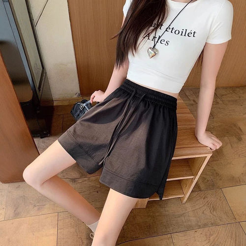 冰丝运动短裤女夏季外穿高腰a字显瘦小个子松紧腰黑色速干五分裤