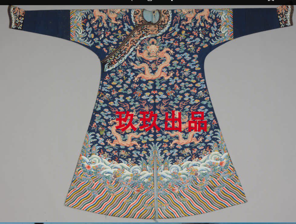 复刻蓝色纱米珠彩云蝠花卉暗八仙龙纹男棉龙袍吉服雍正康熙乾隆