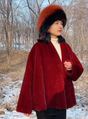 红色毛毛外套环保皮草皮毛一体宽松慵懒加厚蝙蝠袖大衣新年战袍