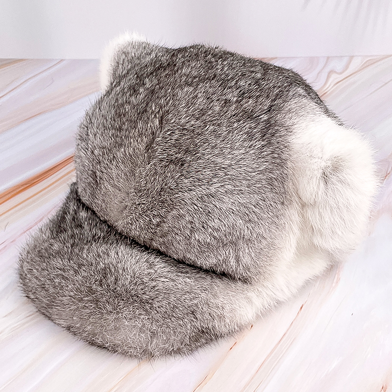 兔毛皮草帽子女秋冬季帽子女新款保暖毛毛帽可爱猫耳朵棒球鸭舌帽