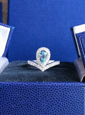 CHANT约瑟芬水滴海蓝宝戒指女纯银925蓝宝石指环心形钻石铂金钻戒
