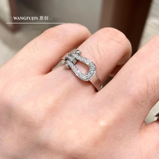法国马蹄扣戒指 女18K玫瑰金纯银钻石指环高级感个性礼物潮
