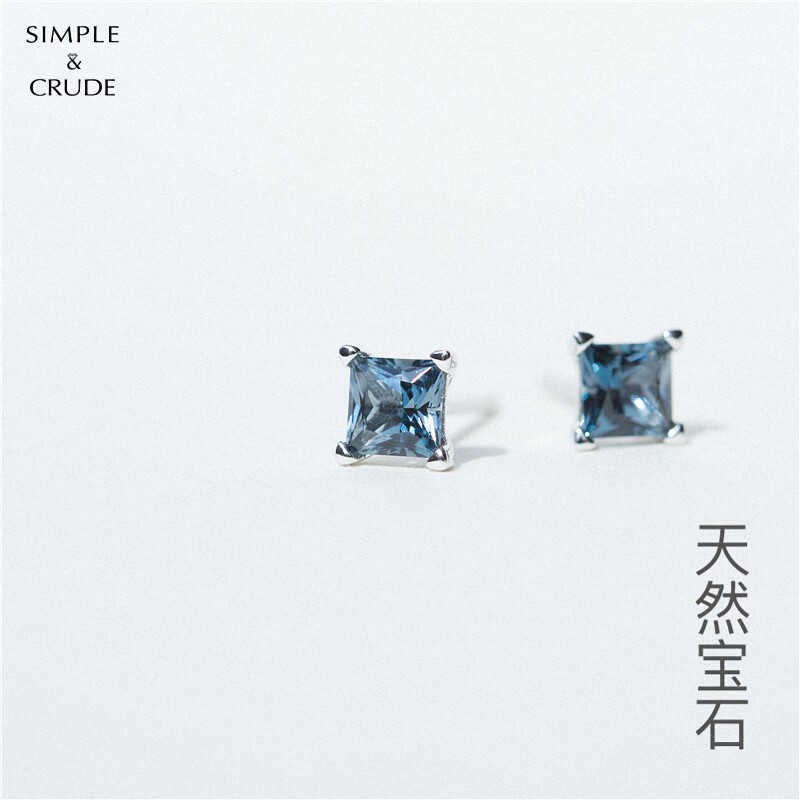 伦敦方形托帕石耳钉 女海蓝宝石纯银水晶男情侣耳环 小巧简约气质