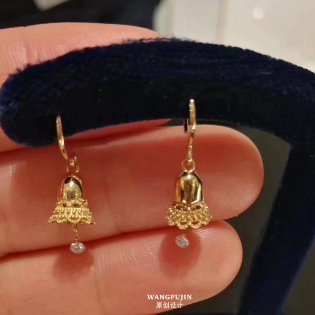 日本18K金铃铛耳环 女纯银镀黄金色流苏单钻耳钉耳坠蕾丝气质礼物