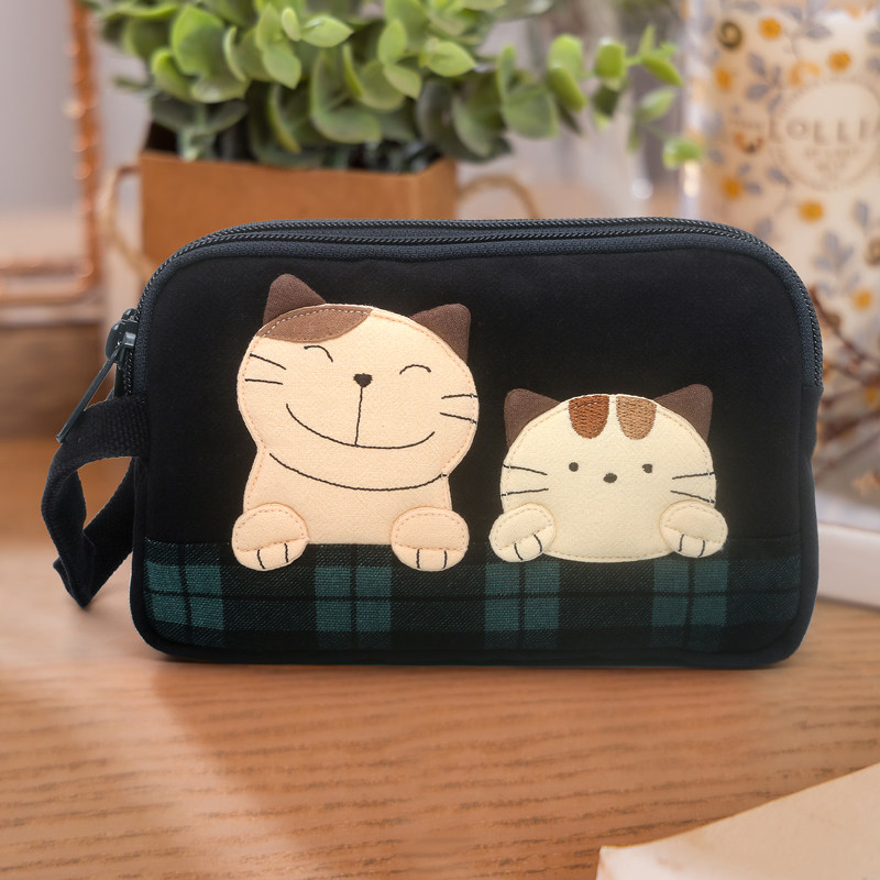 Kine猫新款可爱情侣猫棉布三层拉链手机包卡通手腕手拎小众包包女