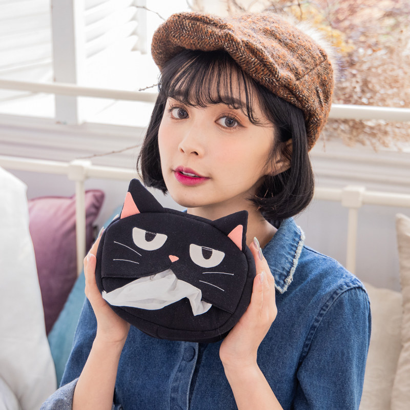 日本设计Kine猫纯棉原创卡通可爱黑猫餐桌纸巾盒桌面汽车内抽纸盒