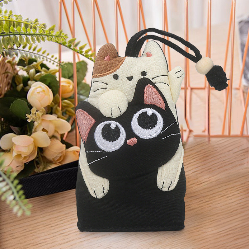 原创设计Kine猫卡通小黑猫钥匙包立体布艺敞口汽车钥匙小包女双环