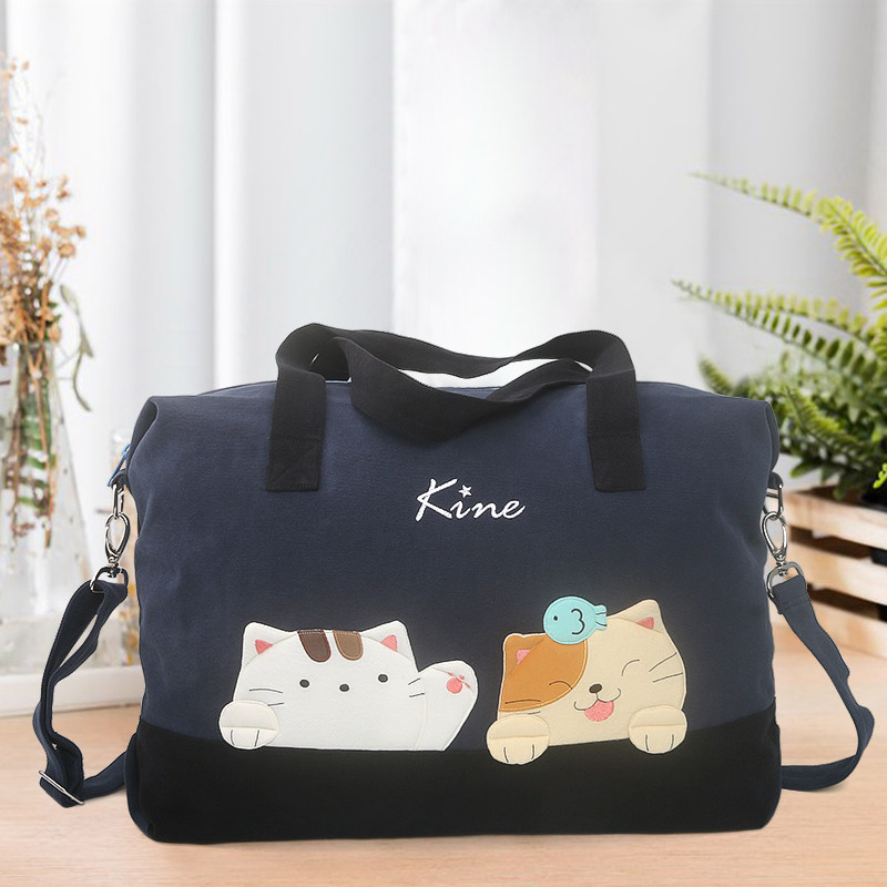 Kine猫卡通戏鱼猫旅行包可爱布艺出行休闲大容量手提斜挎行李袋