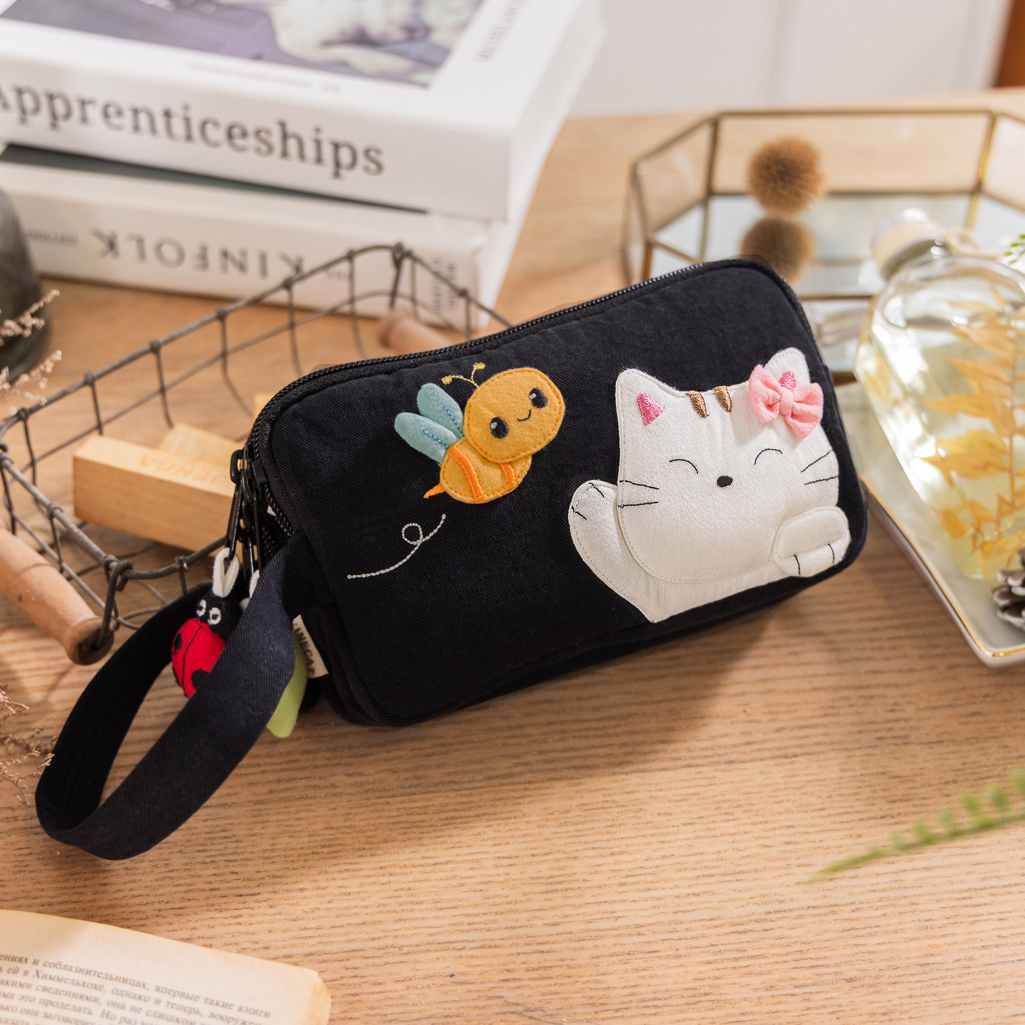 kine猫 可爱森林猫手机包卡通棉布三拉链袋大容量随身包手腕带女