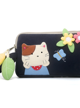 日本设计Kine猫新款纯棉可爱立体花朵猫三层拉链时尚大屏手机女包