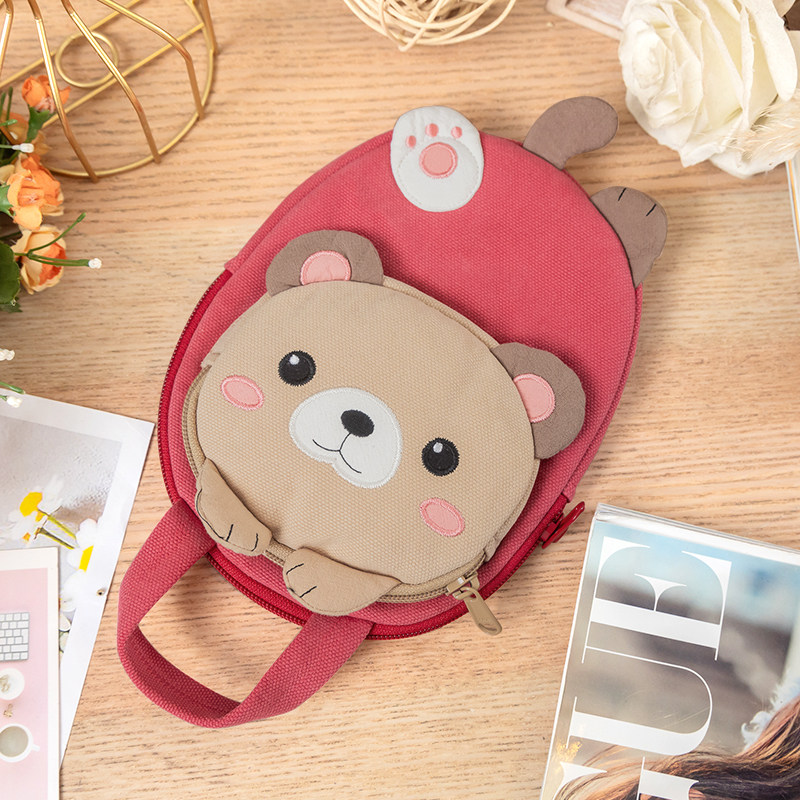 Kine猫 原创可爱害羞熊卡通立体帆布手机包女休闲个性小手提包包