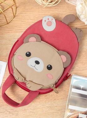 Kine猫 原创可爱害羞熊卡通立体帆布手机包女休闲个性小手提包包