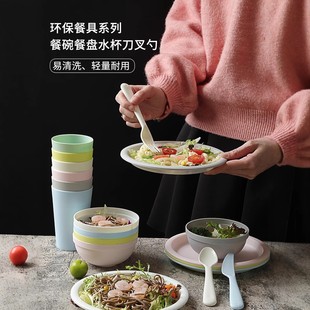 高颜值幼儿园食堂家用露营定制塑料 环保餐盘水杯碗6件刀叉勺套装