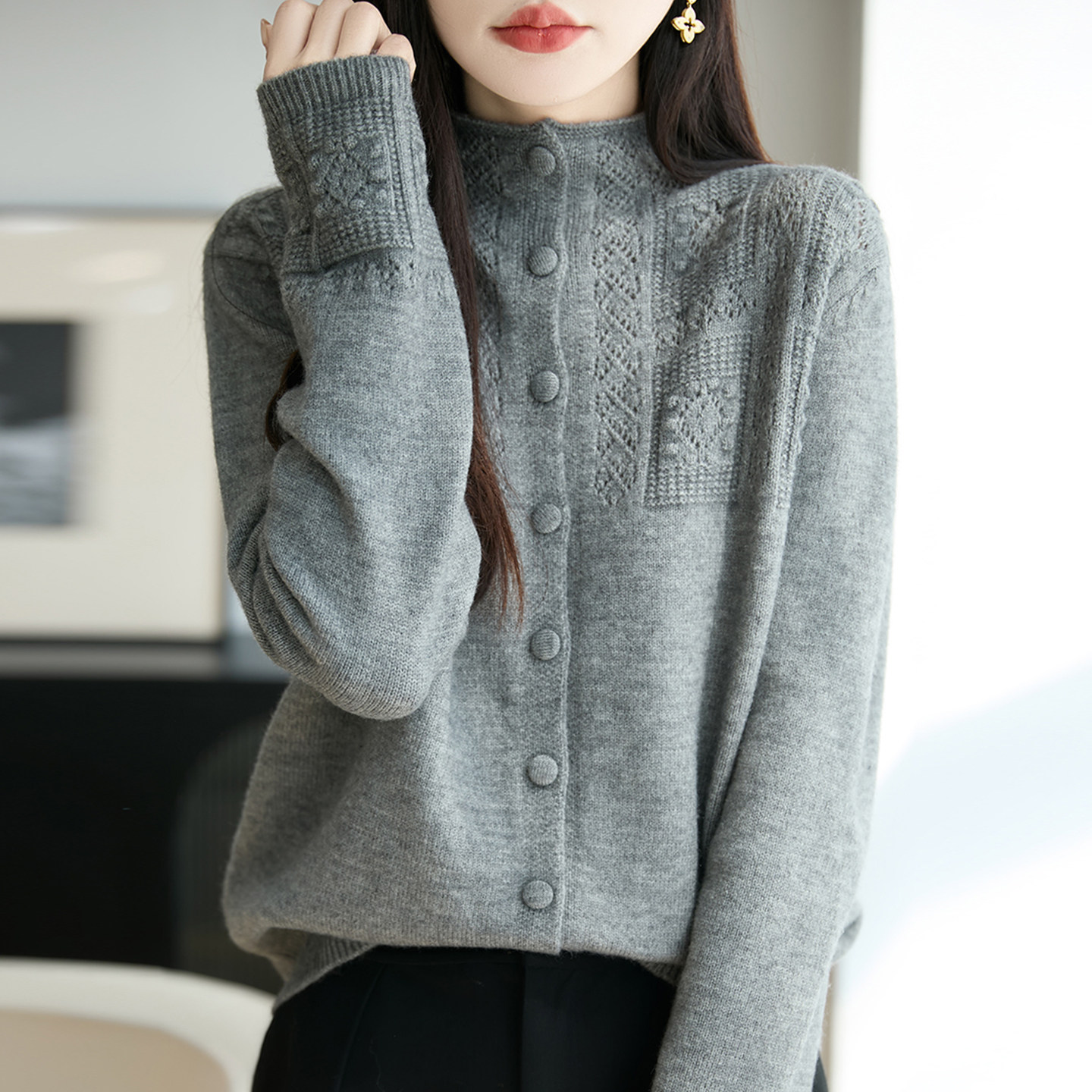 2026新款纯色秋季大码针织开衫外套女洋气中老年女装上衣秋冬毛衣
