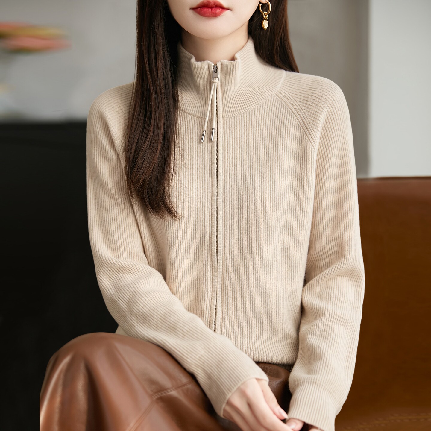 2026新款纯色高领秋季大码针织开衫外套女洋气中老年女装上衣毛衣