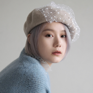 Lion~云朵感 日本进口纱线蕾丝网纱宽松羊毛贝雷帽画家帽秋冬女