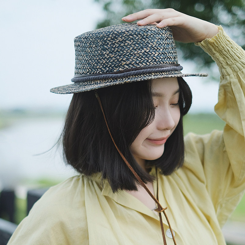 Lion～手工磨色编织做旧牛皮防风绳马兰草平顶平檐草帽春夏男女