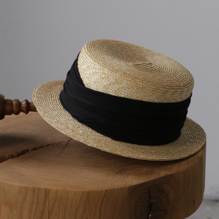 Lion 原创肌理感棉麻褶皱设计平檐平顶麦秆草帽遮阳帽 一静一动