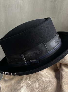 Lion～小众手工灼烧澳洲美丽诺chao细羊毛呢平顶礼帽毡帽Porkpie