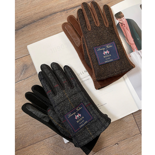 Lion 分指手套可触屏保暖冬 给家属英国Moon羊毛粗花呢拼羊皮男士