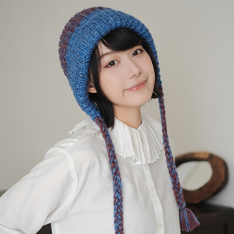 Lion～氛围感 手工编织马海毛美丽诺羊毛毛线帽长辫子护耳帽秋冬