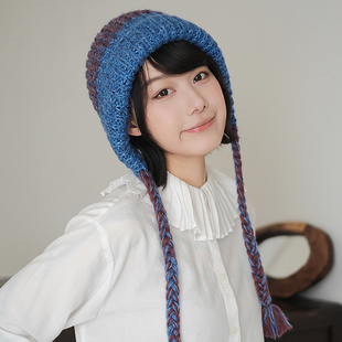 Lion～氛围感 手工编织马海毛美丽诺羊毛毛线帽长辫子护耳帽秋冬