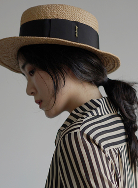 Lion~THE LOVER 台湾丝柏草木质纤维手编平檐草帽春夏女Porkpie