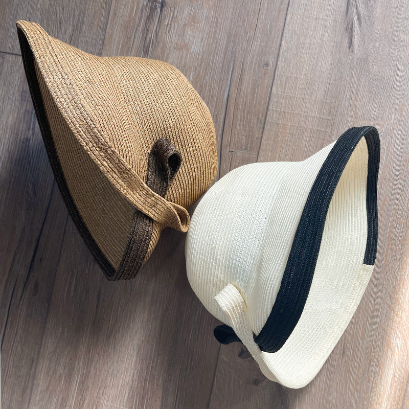 lion～karl 简约黑白拼色交叉帽檐日本纸草草帽遮阳帽盆帽春夏女