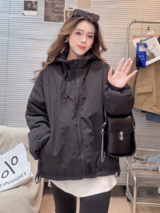 黑色风衣外套女连帽秋冬韩版双拉链休闲显瘦加棉爆款棒球服棉衣