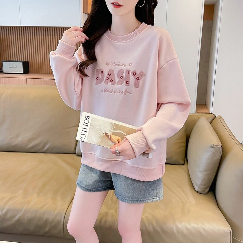 实拍仿华棉复合春秋卫衣女新款立体刺绣设计感小个子宽松上衣图片