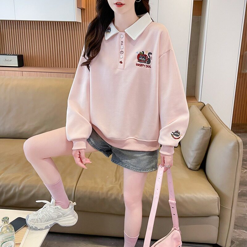 实拍仿华棉复合春秋卫衣女新款刺绣POLO设计感小个子宽松上衣图片
