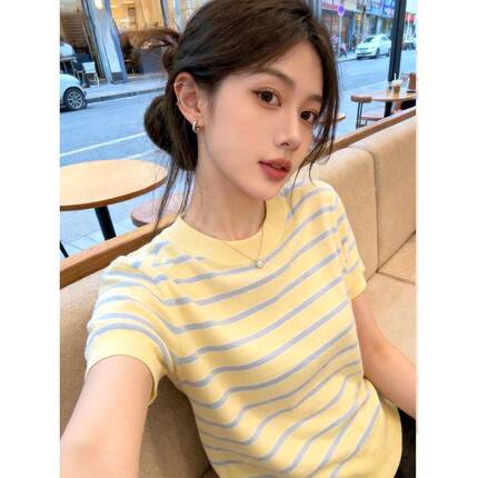 黄色条纹圆领宽松短袖T恤女2026夏季多巴胺甜美温柔慵懒休闲上衣
