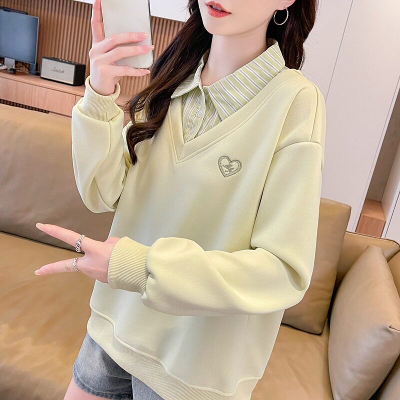 实拍仿华棉复合春秋卫衣女新款假两件POLO设计感小个子宽松上衣图片