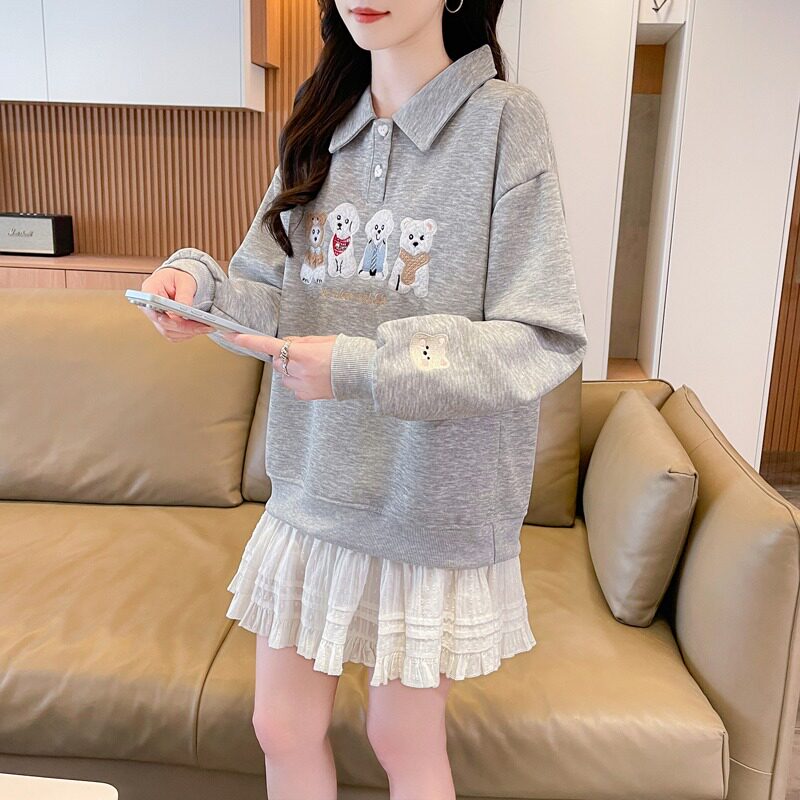 实拍仿华棉复合春秋卫衣女新款刺绣POLO设计感小个子宽松上衣图片