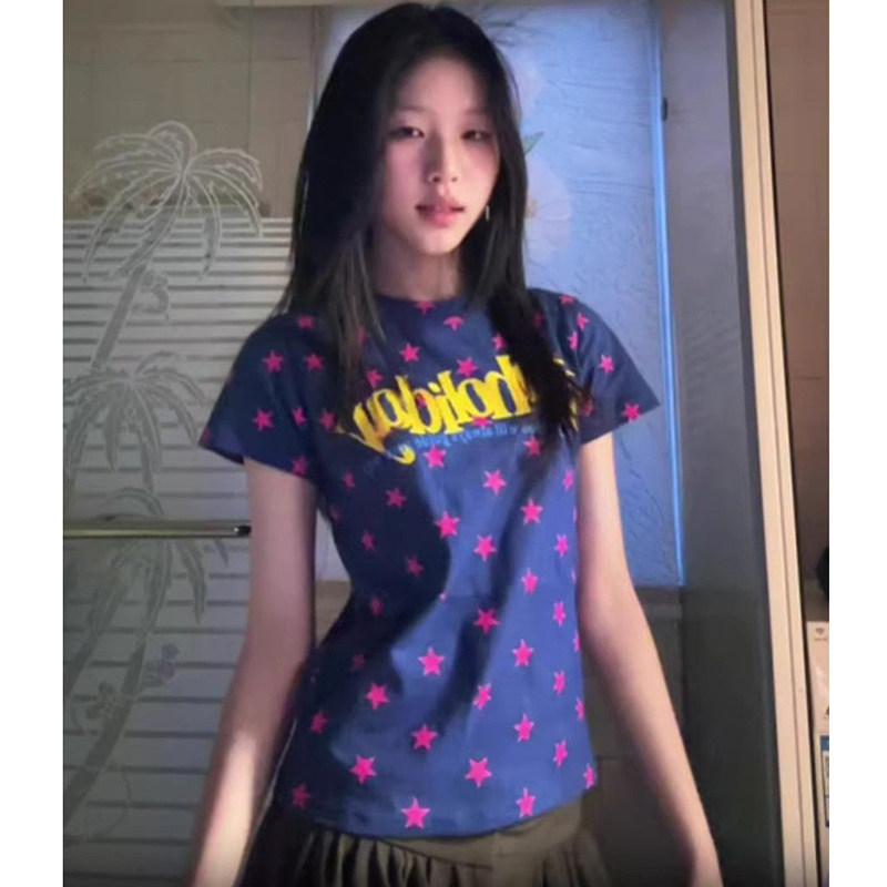 外贸原单出口~美式字母星星满印圆领T恤女休闲显瘦百搭短袖打底衫