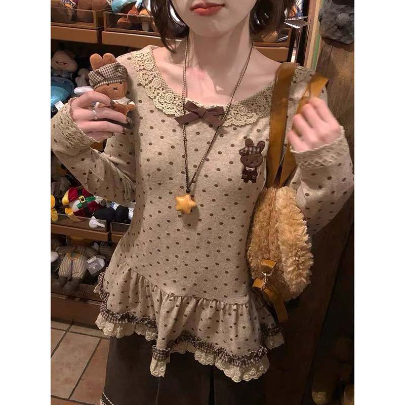 外贸原单出口~波点蕾丝娃娃领长袖t恤女修身蝴蝶结打底衫内搭上衣