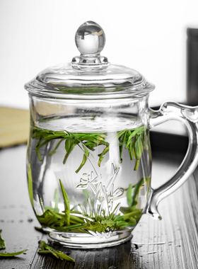 耐热玻璃杯男带盖大茶杯办公室透明女带手柄水杯家用中式泡茶杯子