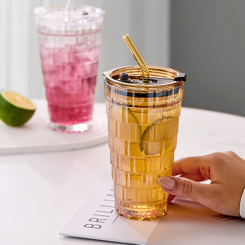 玻璃吸管杯大容量高颜值水杯带盖果汁杯办公室咖啡杯家用饮料杯子,餐饮具,玻璃杯,淘宝优惠券,粉丝福利购,淘宝优惠卷