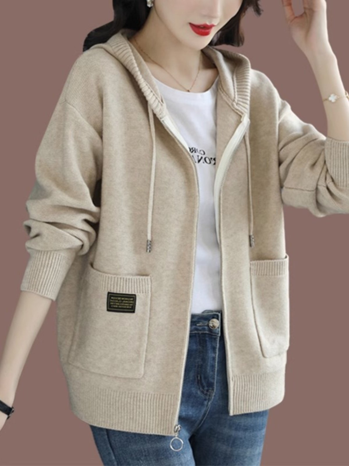 连帽拉炼毛衣外套女春秋2025新款爆款慵懒风外搭大码宽松针织开衫,女装/女士精品,派克服,淘宝优惠券,粉丝福利购,淘宝优惠卷