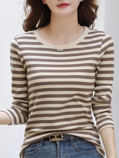 条纹纯棉长袖t恤女2025春秋新款时尚洋气宽松显瘦打底衫内搭上衣