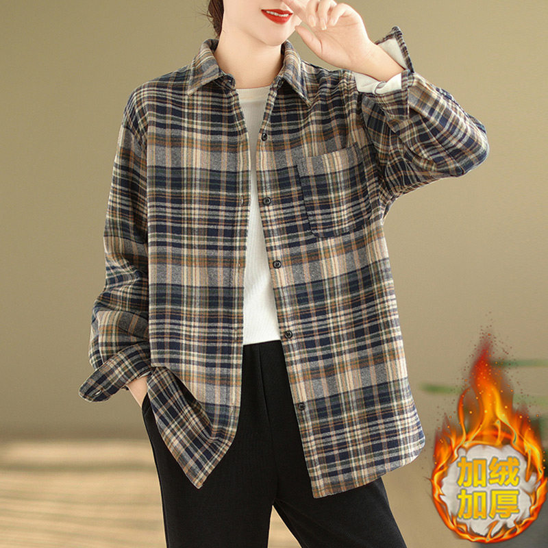 格子衬衫外套女秋冬加厚2025年新款磨毛外穿大尺码宽松开 衫长袖