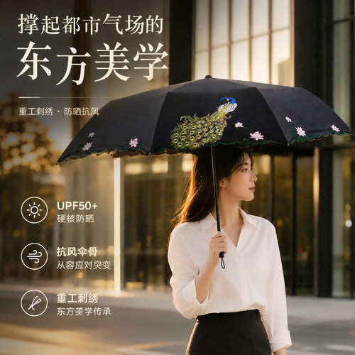 重工刺绣孔雀双层黑胶防晒晴雨伞