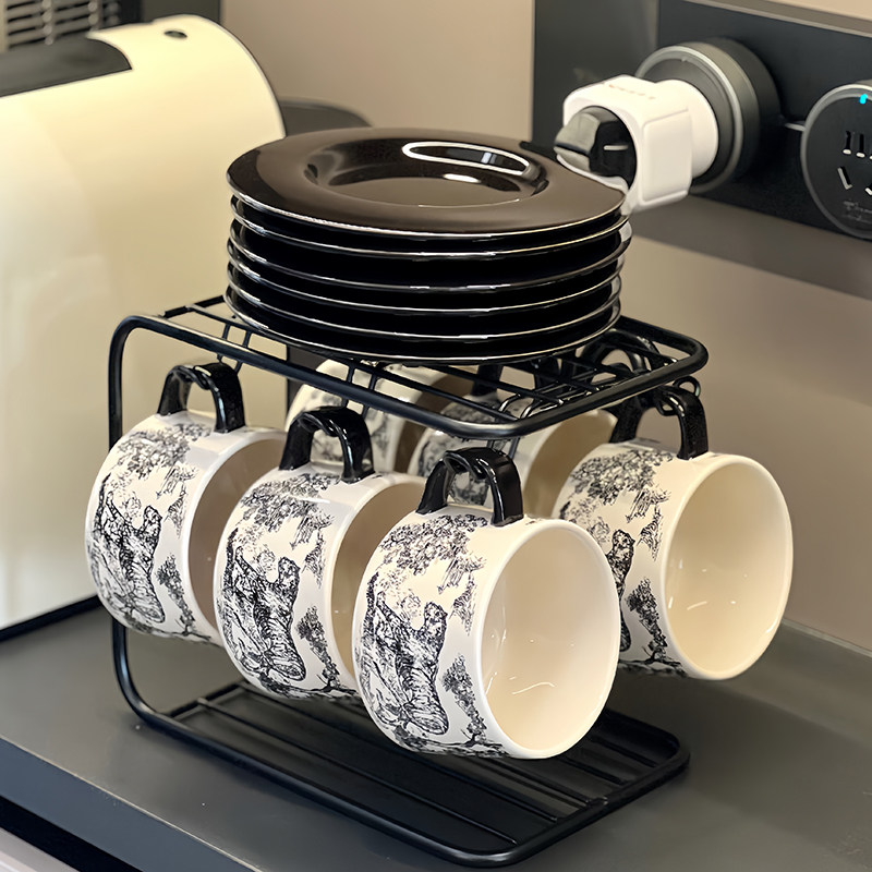 北欧高颜值黑色咖啡杯子套装高档精致英式下午茶餐具陶瓷复古杯碟