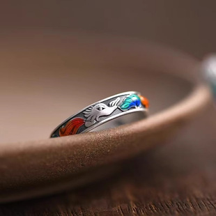 珐琅九尾狐戒指女简约小众设计滴胶食指戒时尚百搭创意感开口指环