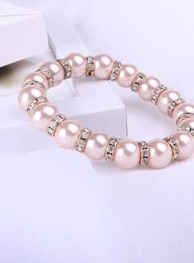韩版时尚仿珍珠粉色手镯镶水晶玻