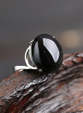 2026诚石珠宝 天然黑曜石戒活口对戒银饰品时尚开口情侣戒指女韩