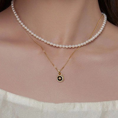 2026「彼岸星河」万能扣叠戴珍珠黑白玛脳吊坠双层项链锁骨链高级