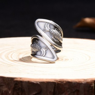 2026千叶复古泰银戒指流行男款个性指环宽版男女食指泰银年年有鱼