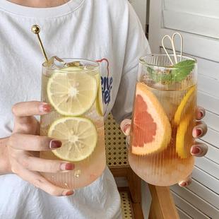 高硼硅玻璃杯透明玻璃大容量单层杯 家用竖纹牛奶杯冰咖啡果汁杯